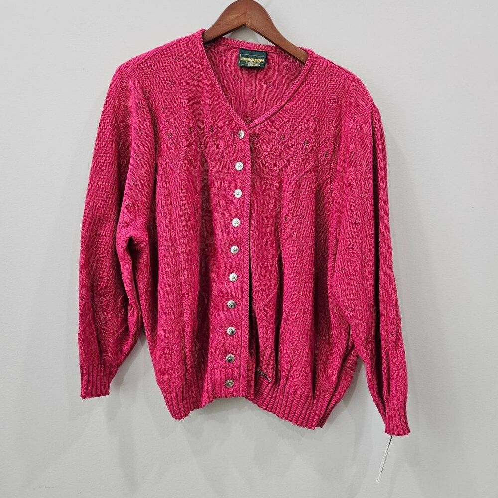 Geiger Collections Pink Cardigan Sweater Sz 50 Cotton Linen Leaf Knit Austria